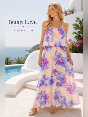 Buddy Love Floral Halter Maxi Dress Slit Watercolor Resort Vacation Medium